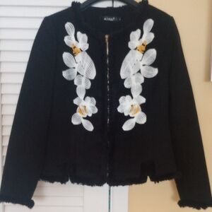 STYLEWE Black Jacket with White and Gold Embroidery Floral Design